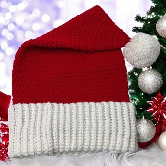 Handknit Santa Hat Adult L XL Red White Holiday Christmas Stocking Hat Homemade - Picture 1 of 11